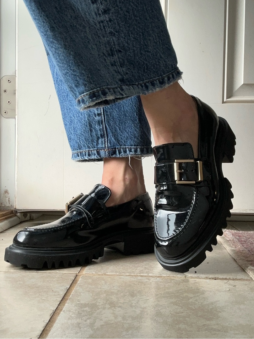 All Saints Black Patent Leather Loafers with Gold Buckle